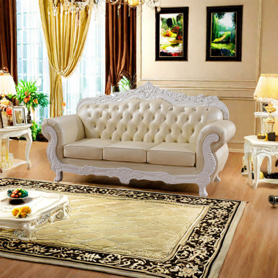 European Style Sofa Leather Sponge Carved Sofa 92.5'' Leather Sofa