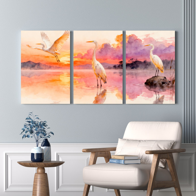 Ensemble de 3 tableaux muraux aquarelle représentant un coucher de soleil avec des aigrettes, H 30 po x l 60 po