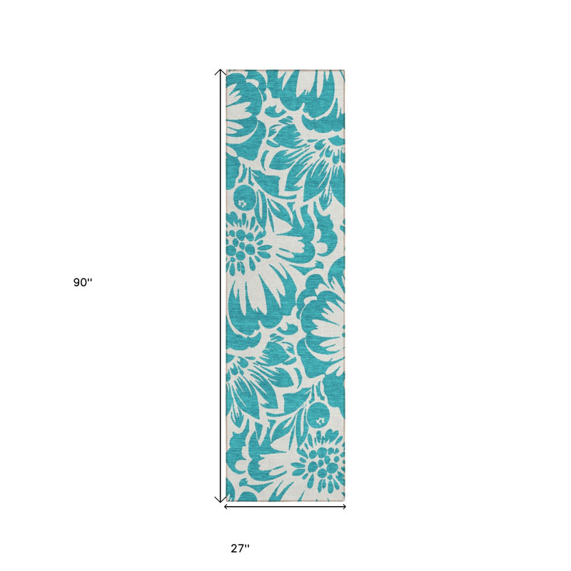 8' Runner Teal and Ivory Floral Washable Non Skid Indoor Outdoor Runner Rug