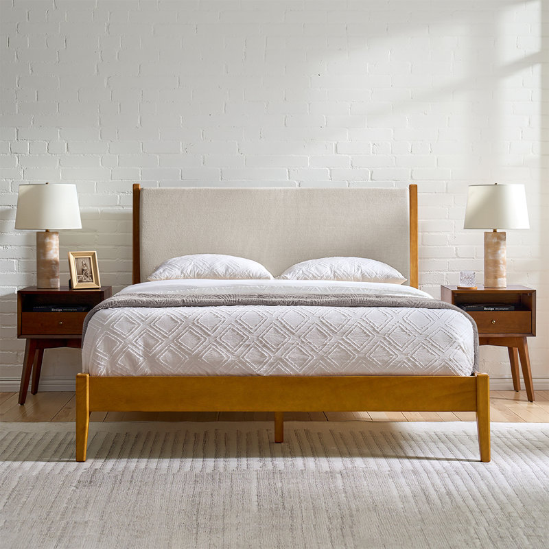 Andromeda Mid-century Modern Solid Wood Frame Bed With Washable Upholstered Bed, Acorn, Queen