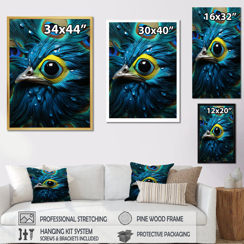 «Peacocks Royal Plumage I», reproduction sur toile, Cadre flottant doré, H 32 po x l 16 po x P 1 po