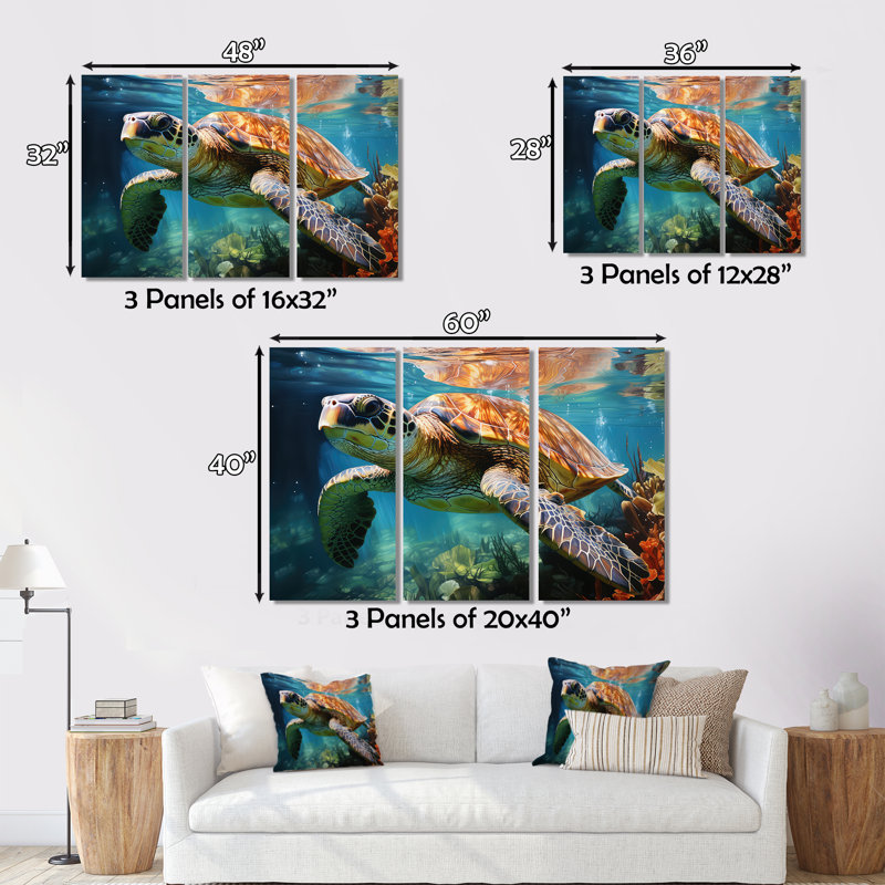 Tortue verte et bleue, animaux marins, art mural, H 16 po x l 32 po x P 1 po, Cadre photo argenté