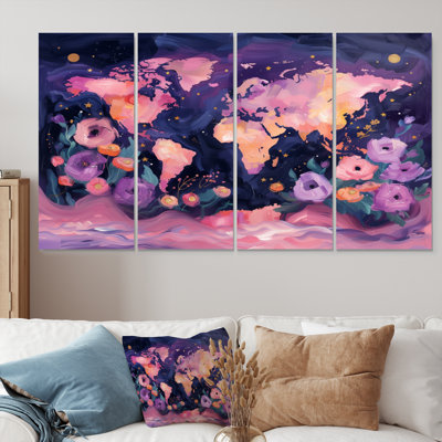 Carte mauve rose du monde Blooms II - ensemble d'art sur toile carte du monde