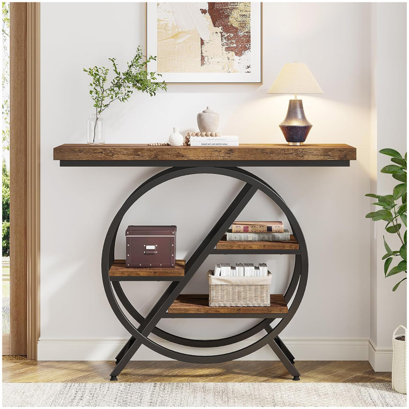 Console de vestibule industrielle 39,4 po à 4 niveaux avec structure en métal à cercle géométrique et tablettes de rangement - Canapé d'appoint brun rustique pour le salon et le couloir