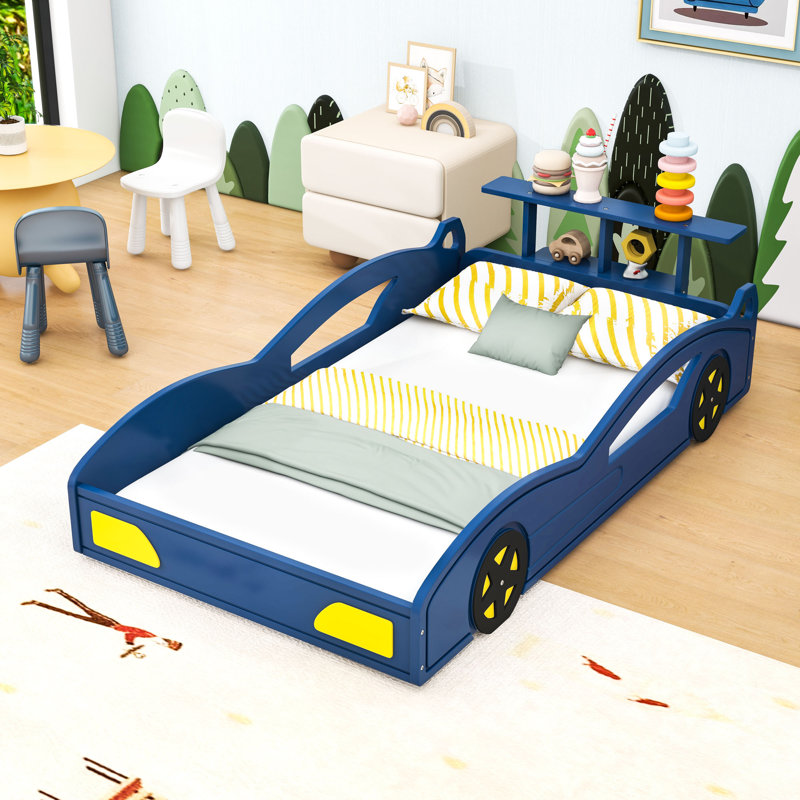 Twin Wooden Race Car Bed, Blue/Yellow