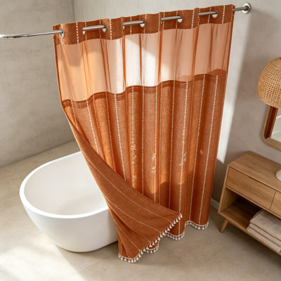 Boho Farmhouse No Hook Shower Curtain Set with Snap-In Fabric Liner, Heavy-Duty Linen Textured Rustic Striped Design, Water-Repellent with Tassels and Sheer Window