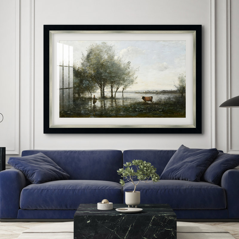 Binney, Le Marais, vers 1865-1870, par Jean-Baptiste-Camille Corot - Tableau sous verre, encadré et sous passe-partout, grand format, idéal pour un salon.
