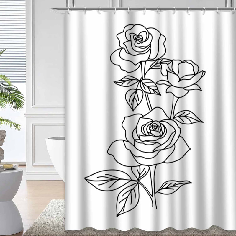 Rideau de douche imperméable à motif floral rétro noir et blanc avec 12 crochets, L 72 po x l 72 po