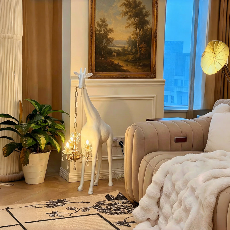 Sculpture moderne girafe blanche 39,5 "avec lustre en cristal, lumière décorative