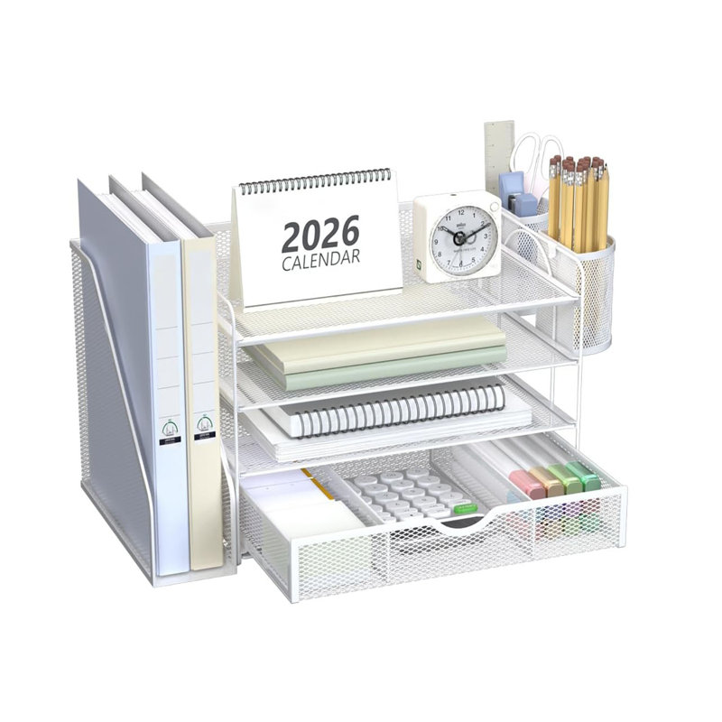 Rangement de bureau blanc à 4 niveaux avec tiroir et porte-stylos double