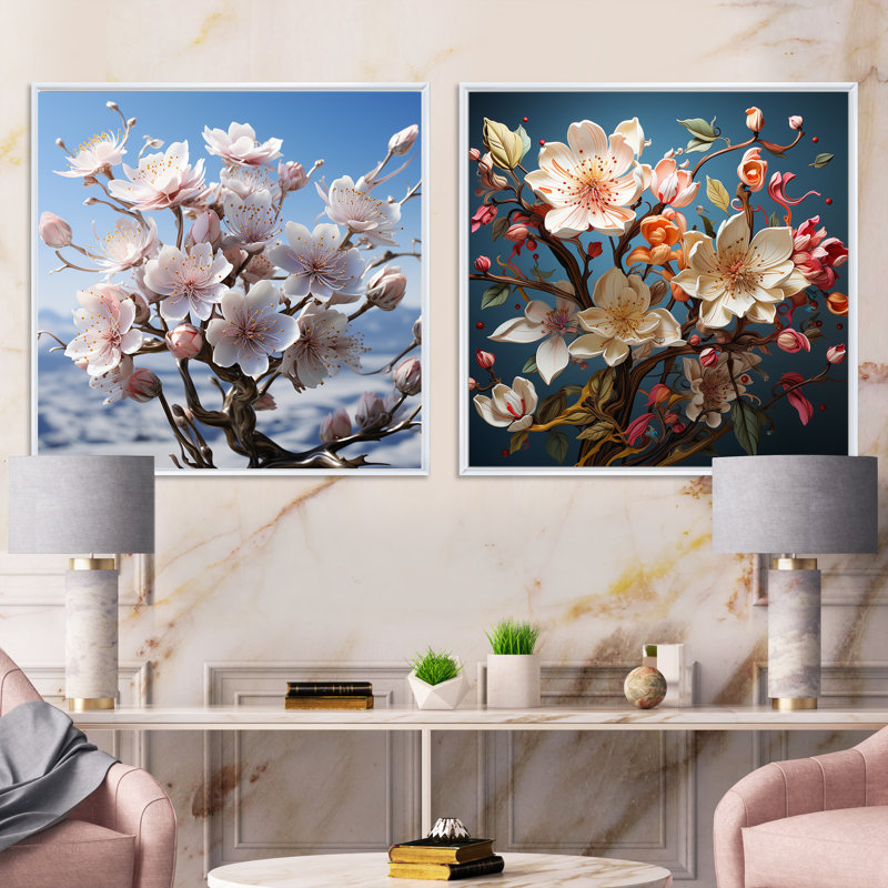 Gentle Magnolia Song - Ensemble de 2 collages carrés Magnolias, Cadre flottant blanc, H 16 po x l 33 po