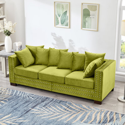 3 places, velours, style contemporain, carré, clous argentés, ressorts ensachés, housses de coussin amovibles, structure en bois massif, espace de rangement moderne, accoudoirs décorés par des ressorts