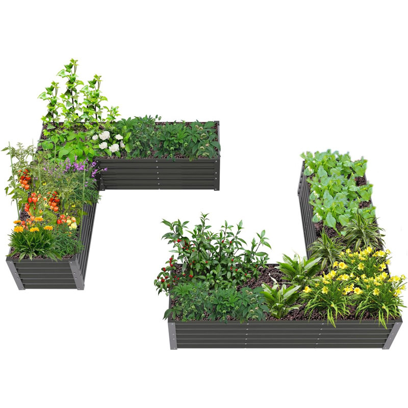 2-pack Gray Metal Rectangular L-shaped Raised Garden Bed Planter Box For Planting Vegetables (74 In. L X 74 In. W X 18 In. H)