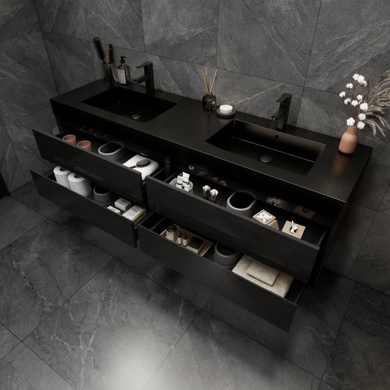 Golitz 71'' Double Bathroom Vanity with Stainless Steel Top, Glossy Black