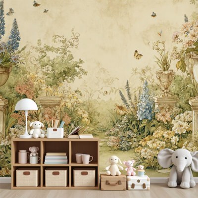 Peel and Stick Wallpaper Vintage Country Garden Scene Aged Parchment Wall Murals 69"H x 96"W Wall Paper Self-Adhesive Wall Decor for Bedroom Living Room Home Office
