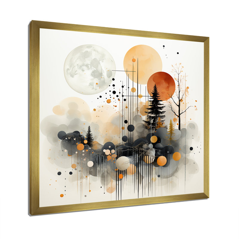 Paysage moderne noir et jaune de la forêt IV - Art abstrait paysage mural, Cadre doré simple, H 36 po x l 36 po x P 1,5 po