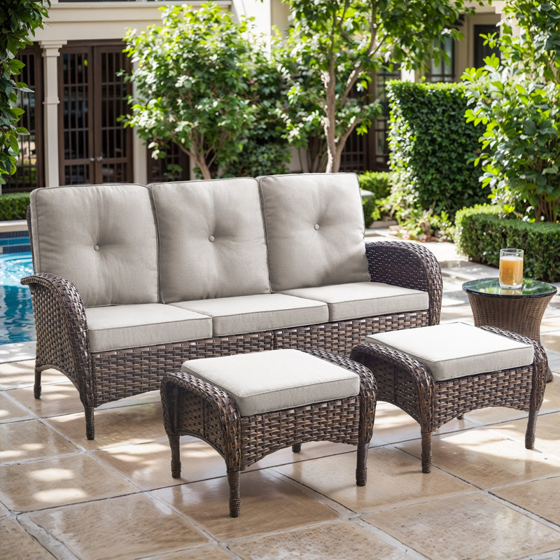 Aluel 72" Polyethylene (PE) Wicker Outdoor Patio Sofa With Ottomans, Beige, Brown