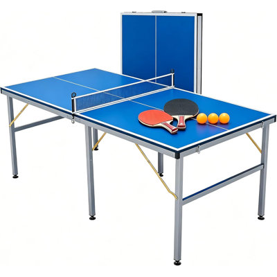 Table de ping-pong portable 6 x 3 pi, ensemble de tennis de table pliable intérieur / extérieur avec filet, 2 raquettes et 3 balles, jeu de table compact pour adultes et adolescents, bleu clair