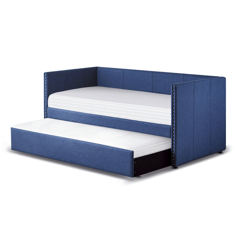 Blue Fabric Upholstered 1Pc Day Bed With Pull-Out Trundle Nailhead Trim Wood Frame Furniture, Blue