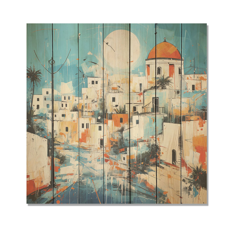 Greek Island Impression Of Santorini 5 - Santorini On Wood Print, 25" H x 25" W