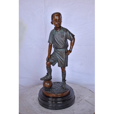 Soccer Boy Player In Action Bronze Statue On Marble - Size: 12"L X 12"W X 26"H.