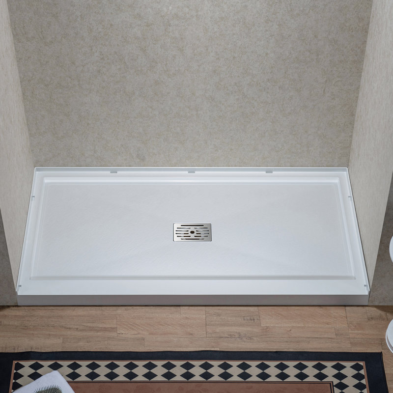 Base de panneau de douche à seuil simple en bois massif 60 po x 32 po en blanc WOODBRIDGE, couvercle de bonde inclus, antidérapant