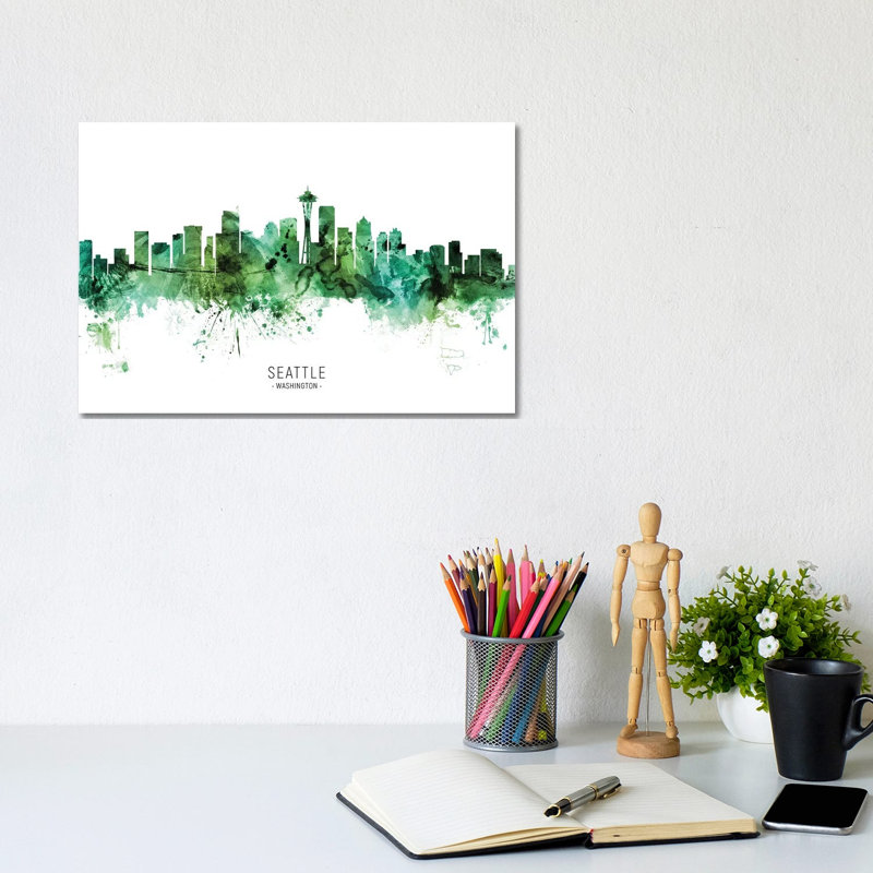 Seattle Washington Skyline by Michael Tompsett - 1 Piece Wrapped Canvas Painting, 20.32cm H x 30.48cm W x 1.91cm D