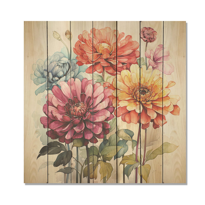 Illustration simple du bouquet Zinnia I - Zinnias sur bois, H 15 po x l 15 po