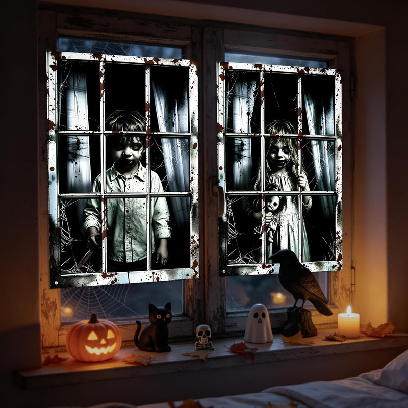 Lot de 2 rideaux d'Halloween, décorations de fenêtres sur le thème de la maison hantée pour une fête d'Halloween intérieure ou extérieure, décoration de porte et de mur