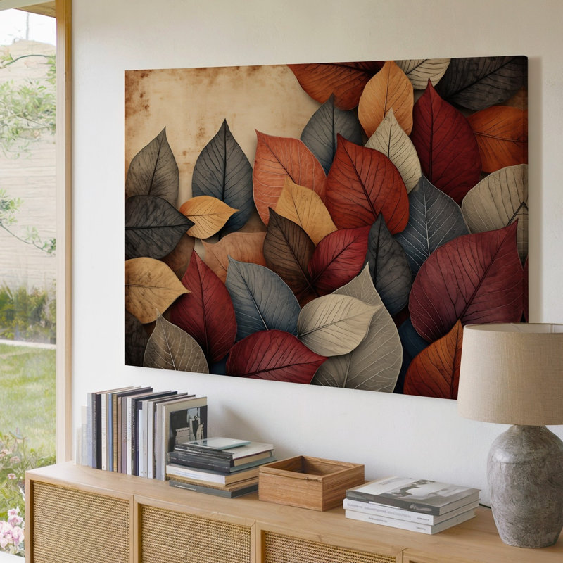 Toile, fond richement texturé présentant un ensemble de feuilles vibrantes, rouge foncé oranges brûlées, H 20 po x l 30 po