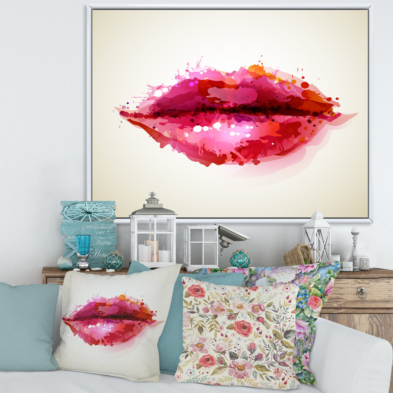 «Red Woman Lips Formed» par Abstract Blots - peinture sur toile, H 24 po x l 32 po x P 1 po, Cadre blanc