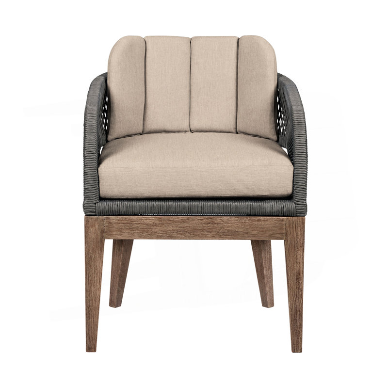 Chaise de patio Orbit en bois d'eucalyptus vieilli avec corde grise et coussins en oléfine taupe