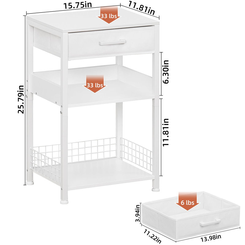 White Metal and Fabric 3-Tier Printer Stand with Storage Shelves