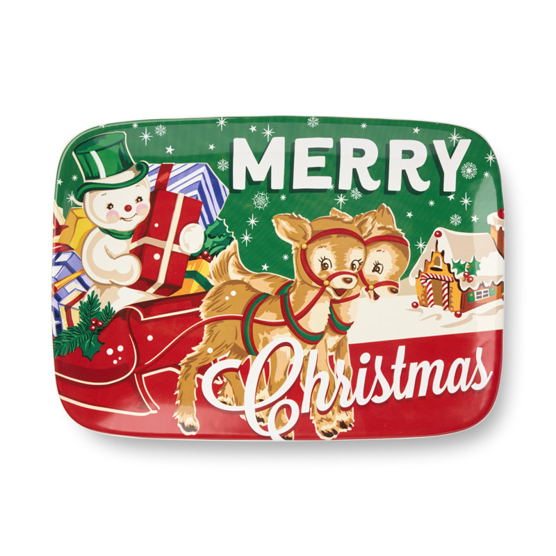 Plateau rétro en forme de père Noël - plateau en céramique des Fêtes avec art rétro du père Noël, des rennes et des bonhommes de neige, vaisselle festive nostalgique pour les biscuits, les hors-d'œuvre et les côtés