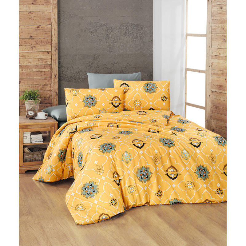 Ensemble de housse de courtepointe luxueuse simple Ranforce, 100% coton, jaune et gris | Housse de couette 61 x 79, taie d'oreiller 31,5 x 31,5 | Doux, respirant, lavable à la machine à 30 ° C, fermeture élégante à boutons et enveloppes