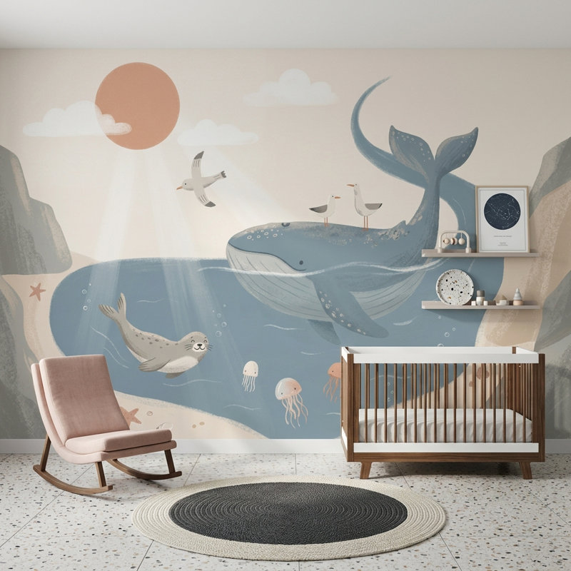 Murale baleine, 100 po x 96 po, Peler et coller