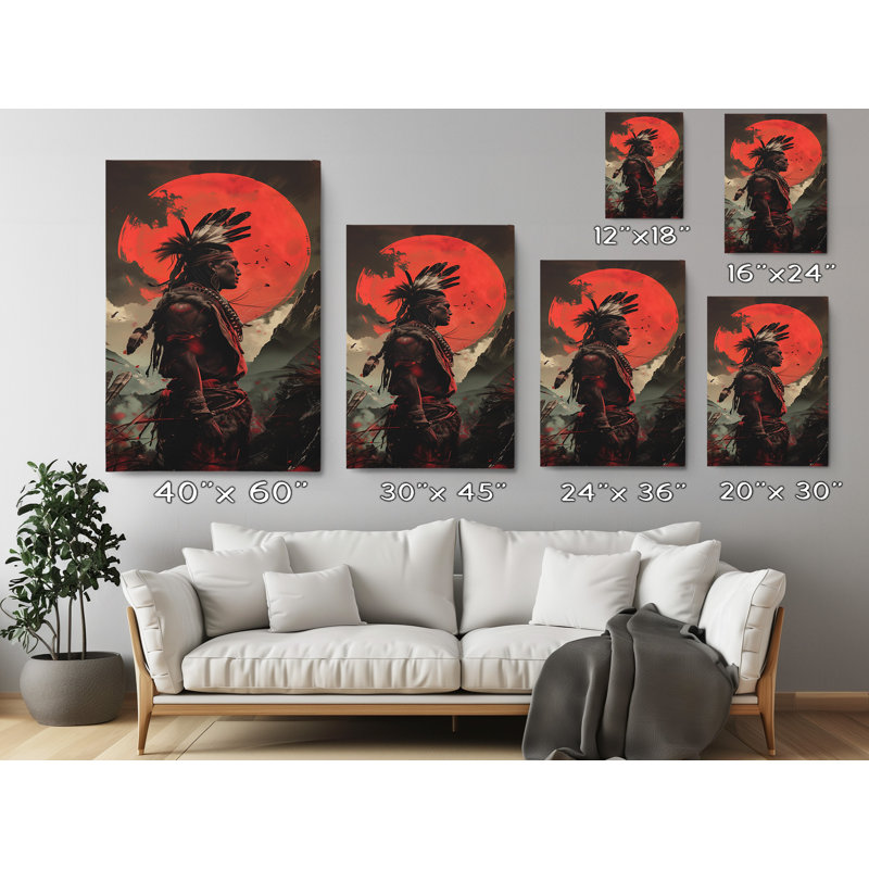 Reproduction de peinture, reproduction d'art sur toile, Amérindien avec lune rouge, H 24 po x l 16 po