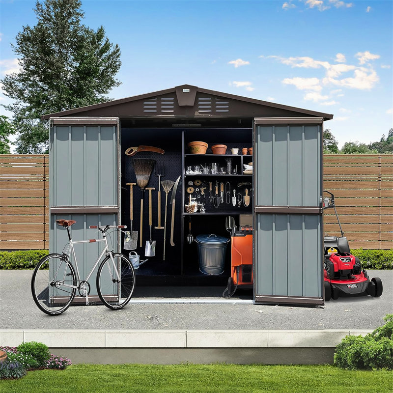 Remise de rangement extérieure 8,2 pi x 6,2 pi en métal pour portes de patio à gazon verrouillables, évents, rouille