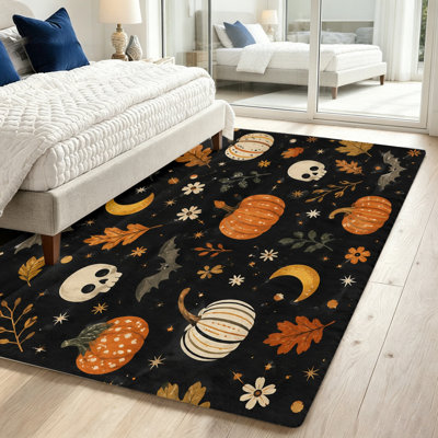 Halloween Themed Area Rug, Pumpkin Skull Bat Moon Print Soft Plush Stain Resistant Non-Slip Indoor Floor Mat, Funky Home Decor for Living Room Bedroom Entryway Kitchen Patio Office Wedding and Holiday