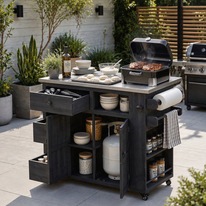 Îlot de cuisine extérieur extensible avec plateau en acier inoxydable et tablette à épices latérale, Black