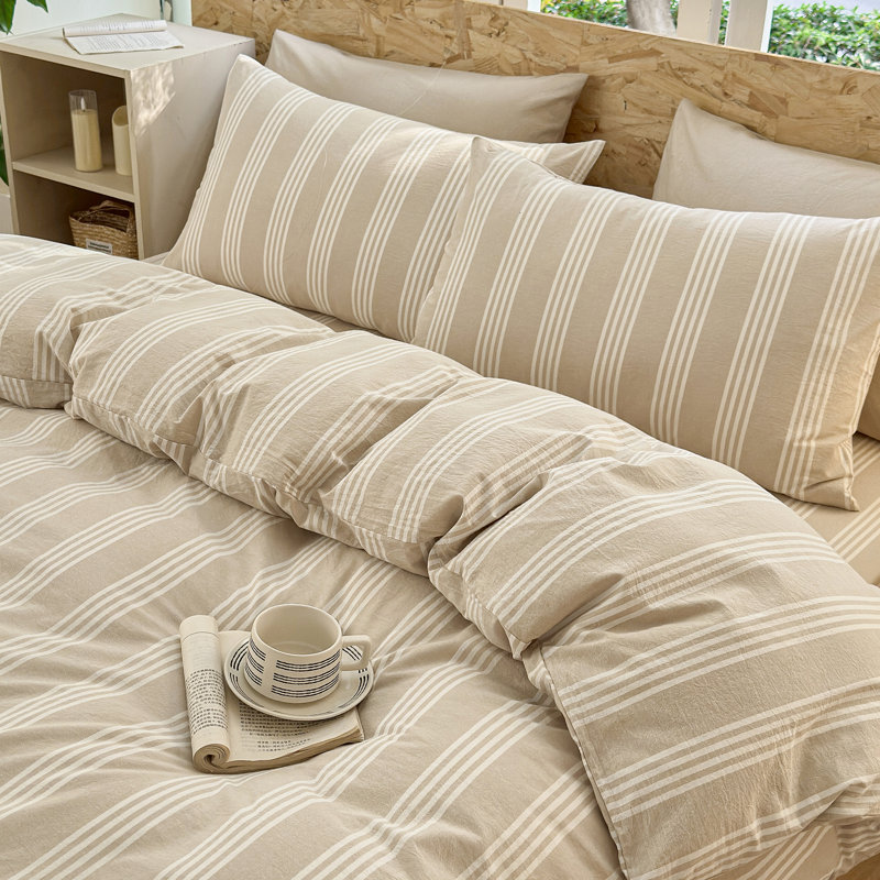 DONEUS Striped Duvet Cover Set 100% Washed Cotton Linen Like Soft Feelling 3 Pieces Bedding Set, Linen/White