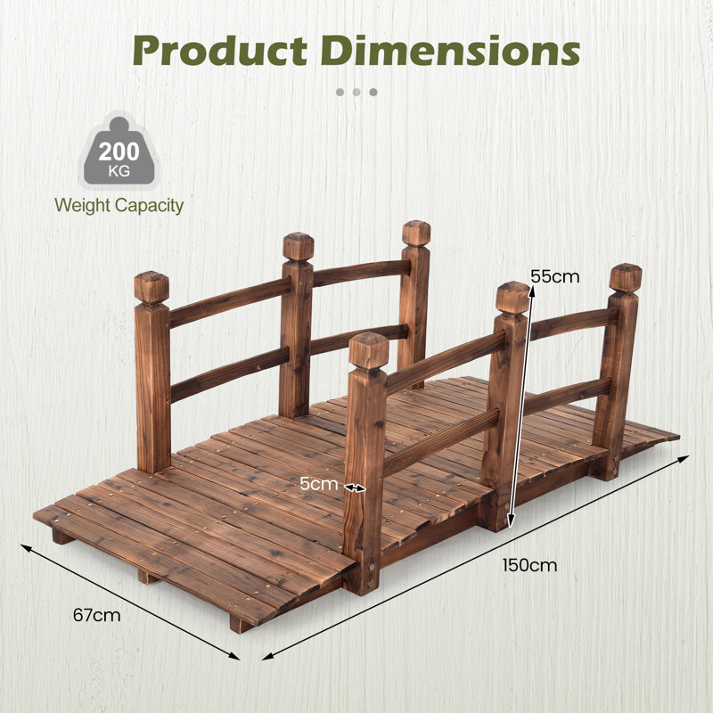 1.5M Garden Bridge Wooden Decorative Pond Bridges W/ Safety Railings, Brown