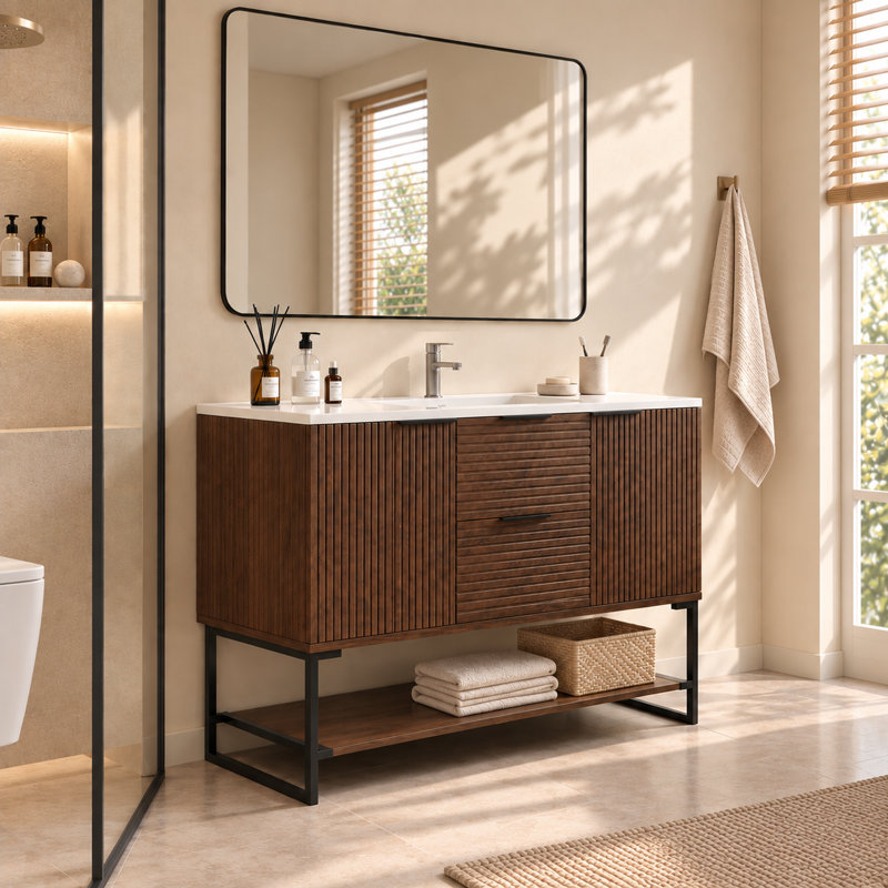 47.24'' Single Bathroom Vanities with White Stone Top, Brown Solid Wood, Fully Assembled
