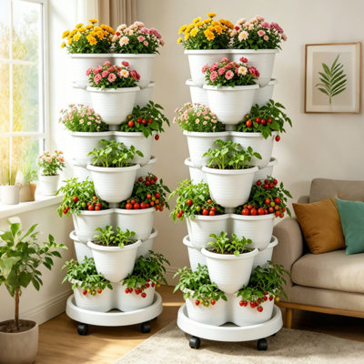 Strawberry Vertical Planters Tower Garden Set Of 2, 7 Tiered Stacking Herb Vegetable Planter With Support Pole Indoor And Outdoor