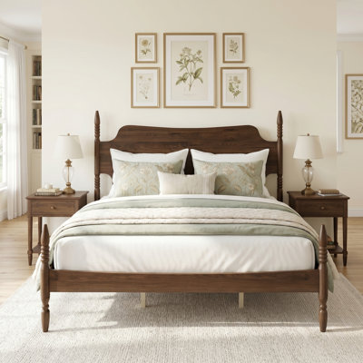 Queen Wood Platform Bed Frame With Arched Headboard & Turned Posts, Vintage Style Spindle Bed, Walnut Finish, No Box Spring Required