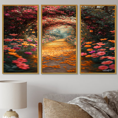 Blossoming Pink Flowers Portal Pathway - Flowers Wall Art Set