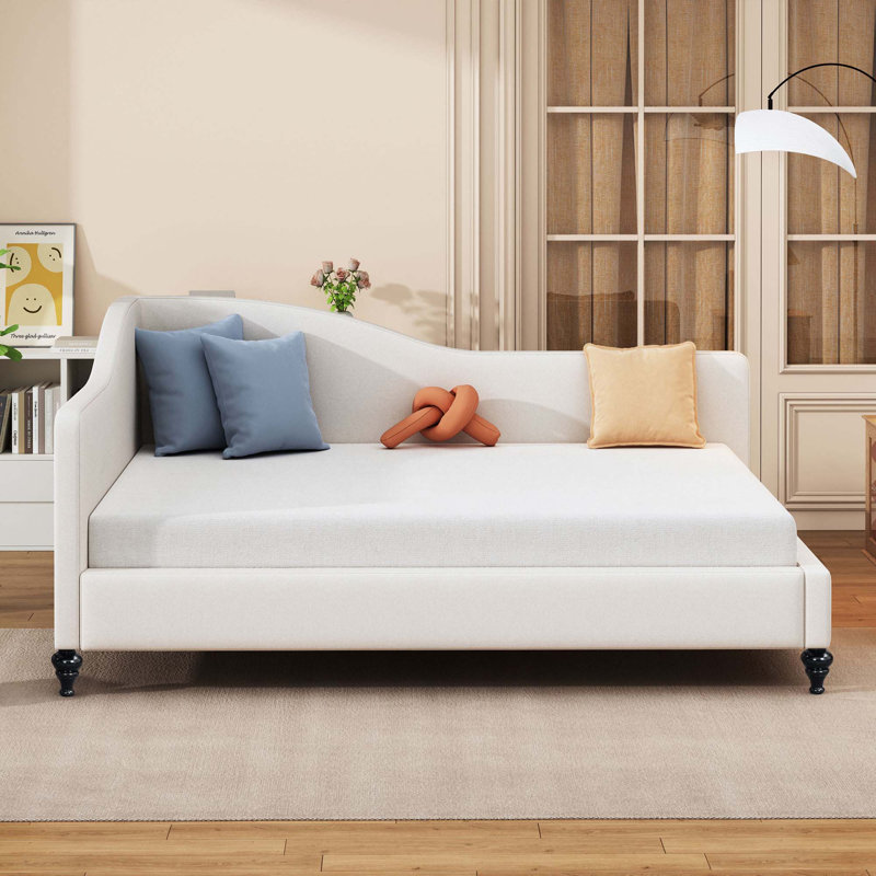 L-Shaped Linen Daybed,With Solid Wood Legs, Beige, Full/Double