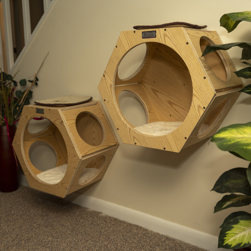 Natural Wood Hexagonal Wall-Mounted Cat Shelves Set