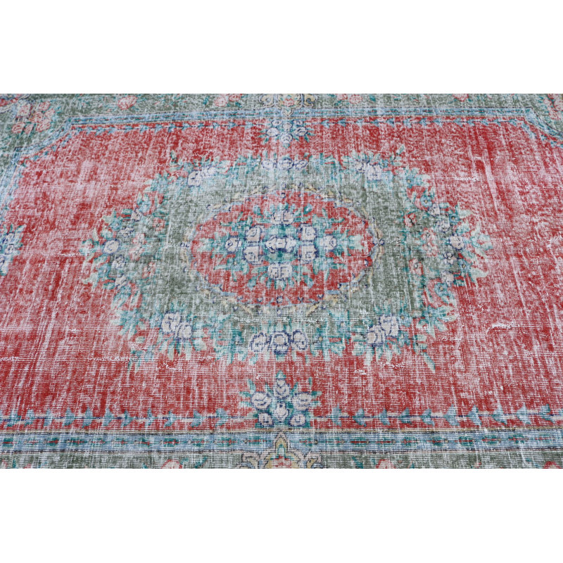 Tapis turc Oushak tissé à la main de grande taille pour le salon avec un thème rouge et un motif anatolien