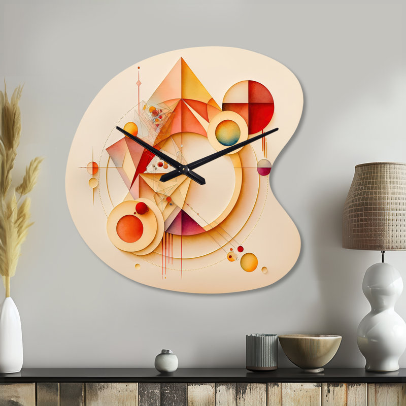 Abstrait géométrique orange et jaune - horloge murale en métal à forme unique géométrique, horloge murale asymétrique moderne